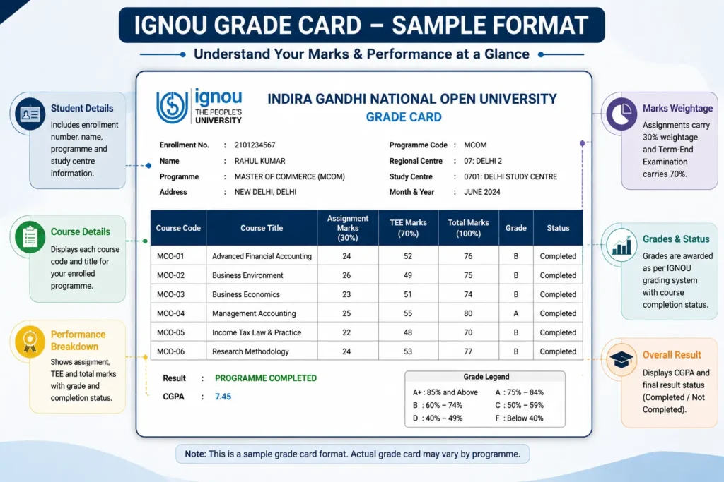 IGNOU grade card sample format with marks and status